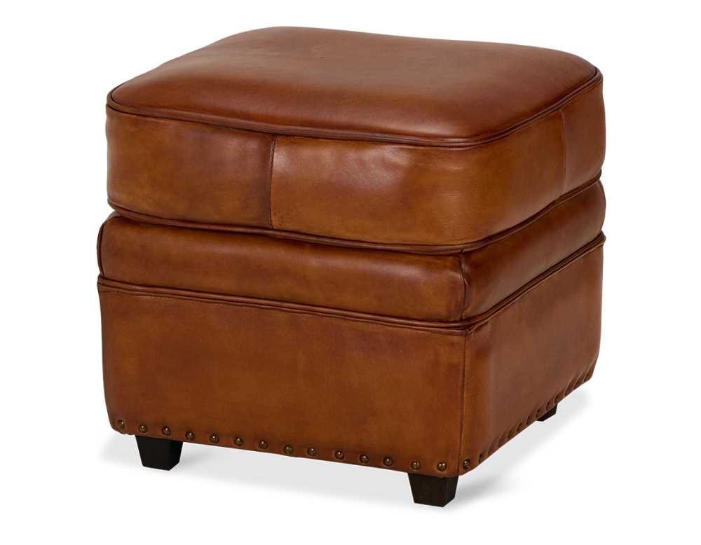 Pouf cuir marron clair bord clouté