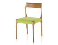 Chaise scandinave bois teinte merisier assise tissu vert pomme