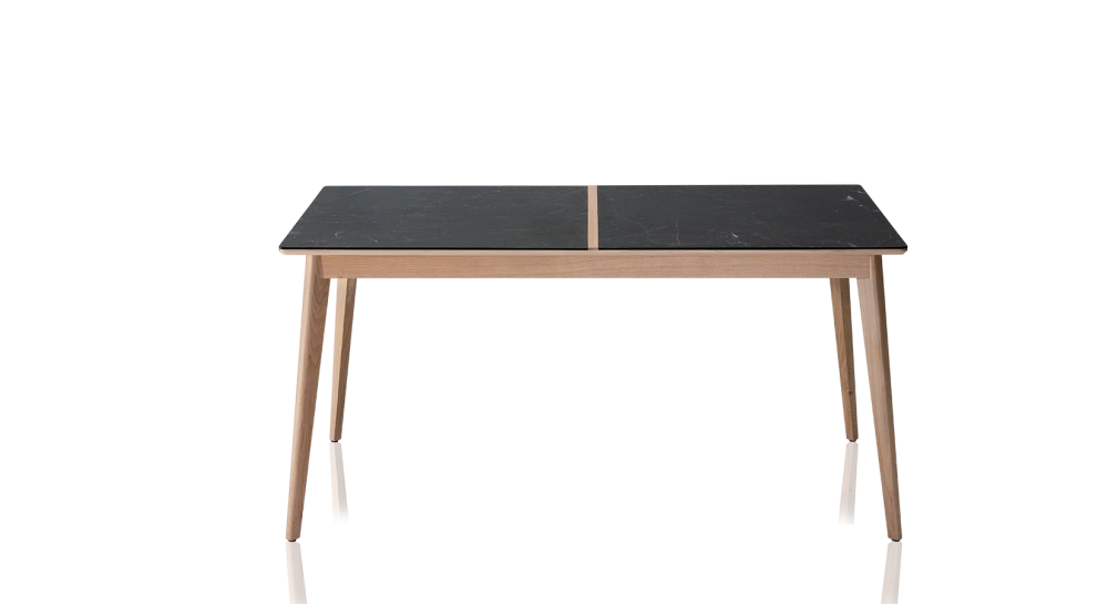 Extendable table for 8 to 14 people in oak and ceramic with wooden extensions with natural wood stain and slate effect ceramic top 210x100 cm