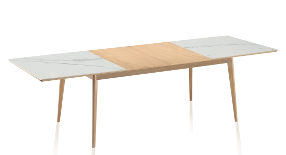Table extensible 8 à 12 personnes en chêne et céramique allonges bois avec bois teinte naturelle et plateau céramique effet marbre blanc 180x100 cm