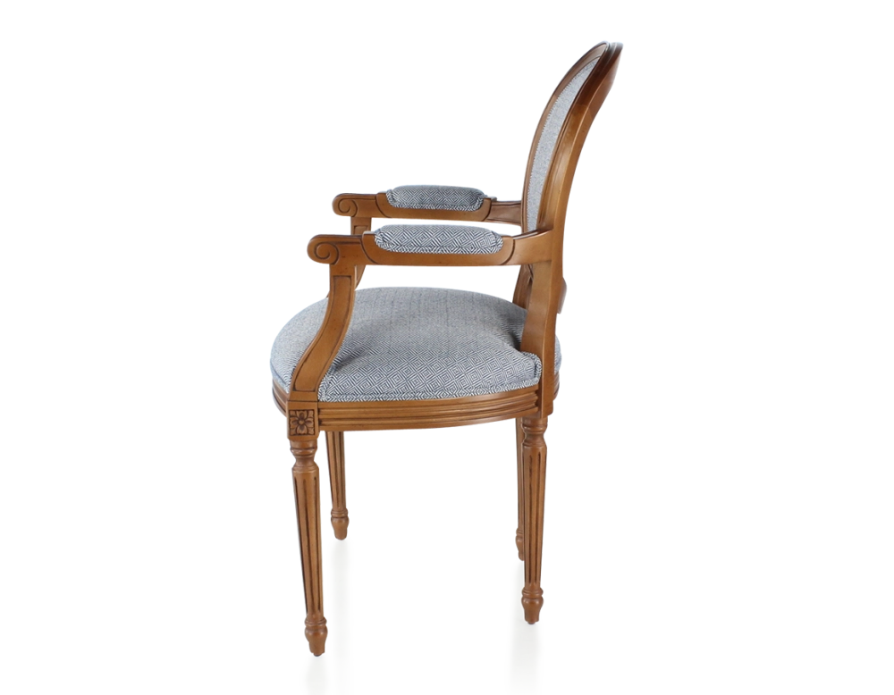 Antique Louis XVI style armchair with armrests aged wood stain and blue chevron fabric
