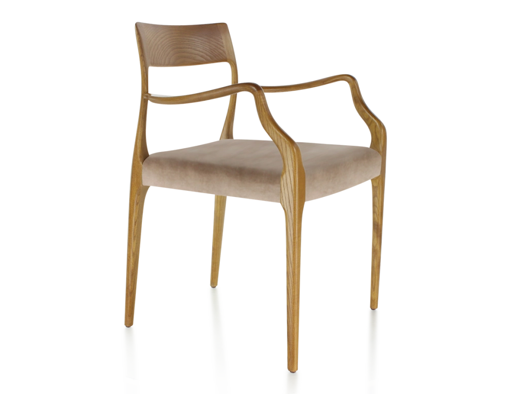 Chaise scandinave avec accoudoirs bois teinte merisier assise tissu velours taupe clair