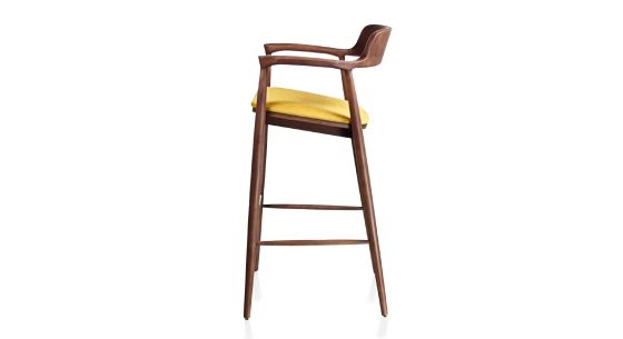 Tabouret de bar h80 cm bois teinte noyer assise tissu jaune