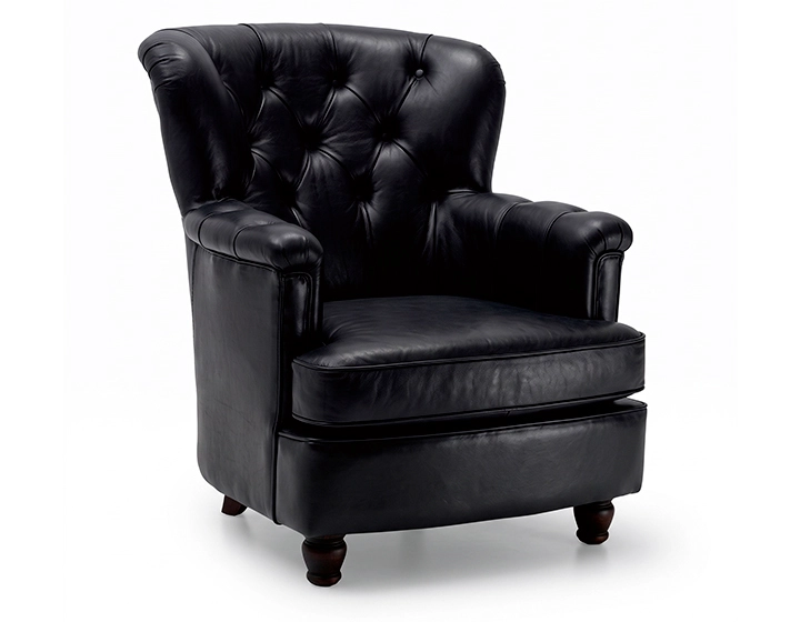 Fauteuil Chesterfield cuir noir moyen dossier