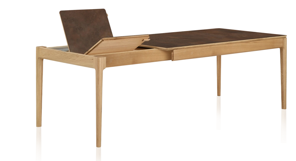 Table extensible en chêne et céramique 6 à 10 personnes allonges céramique avec bois teinte naturelle et plateau et allonges céramique brun oxydé 140x90 cm