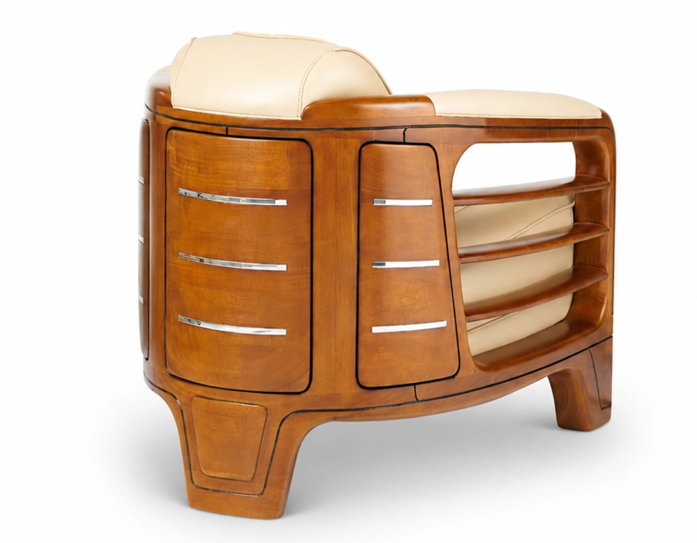 Fauteuil club bois et cuir beige