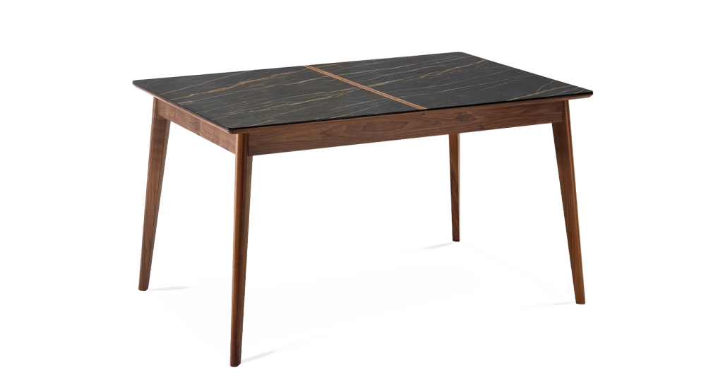 Mesa de comedor para 6 personas de nogal y cerámica con madera de tinte natural y tablero cerámico efecto mármol negro 140x90 cm