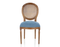 Chaise ancienne style Louis XVI bois teinte ancienne dossier canné assise tissu bleu jeans