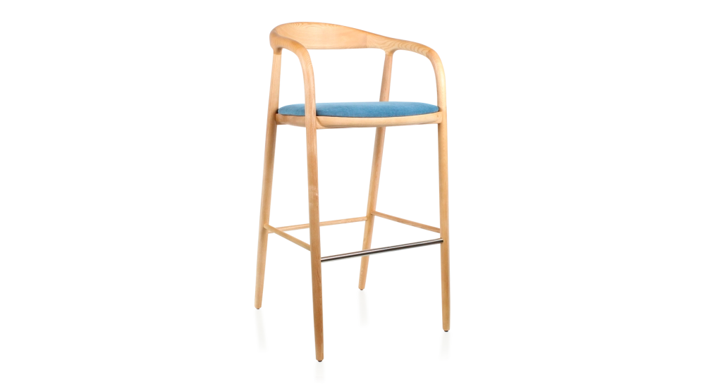 Tabouret de bar h80 cm teinte naturelle assise tissu bleu jean bois teinte naturelle et tissu bleu jean