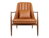 Fauteuil design bois teinte merisier et cuir caramel