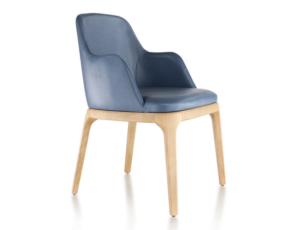Chaise design avec accoudoirs bois teinte naturelle et cuir bleu orage