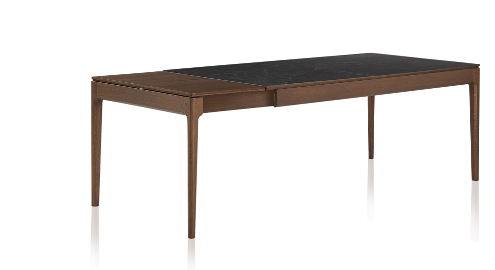 Table extensible 8 à 12 personnes en chêne et céramique allonges bois avec bois teinte marron foncé et plateau céramique effet ardoise 180x100 cm