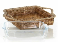 Plat pyrex carré avec support en fleur de rotin