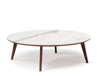 Table basse ronde F1 en chêne et céramique bois teinte marron foncé plateau céramique effet marbre blanc 90x90x40 cm