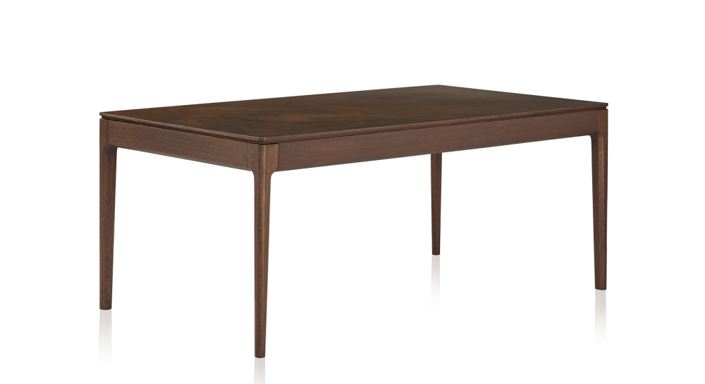 Mesa de comedor de roble y cerámica para 8 personas con madera tintada marrón oscuro y tablero cerámico marrón oxidado 210x100 cm