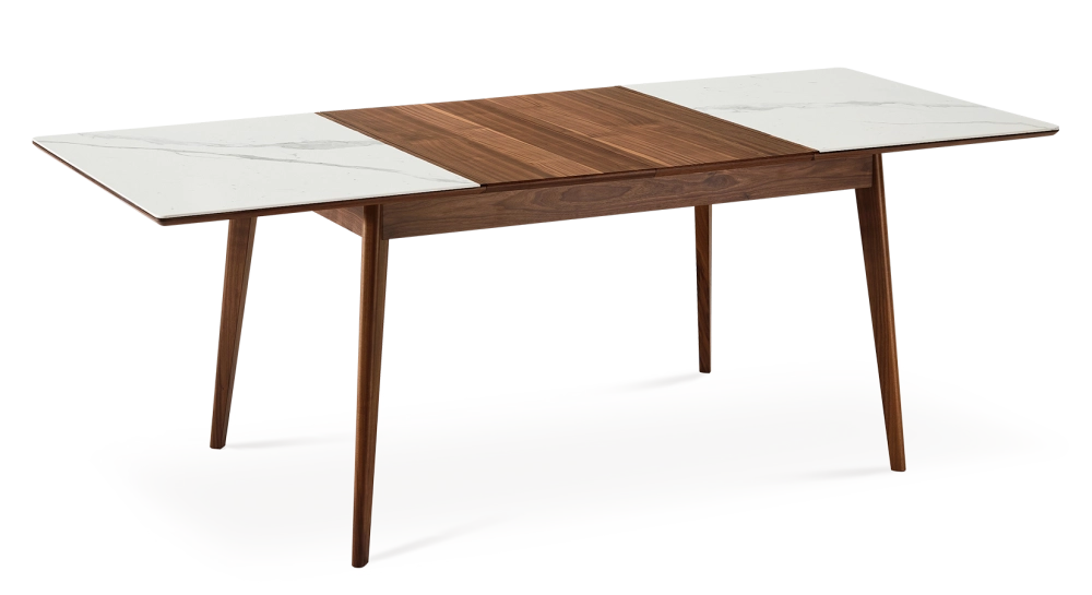Extending table for 8 to 12 people in walnut and ceramic with wooden extensions with natural stained wood and black marble effect ceramic top 180x100 cm