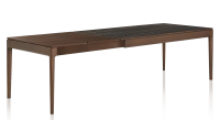 Table extensible 6 à 10 personnes en chêne et céramique allonges bois avec bois teinte marron foncé et plateau céramique effet marbre noir 140x90 cm