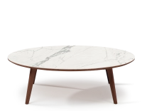 Table basse ronde F1 en chêne et céramique bois teinte marron foncé plateau céramique effet marbre blanc 90x90x30 cm