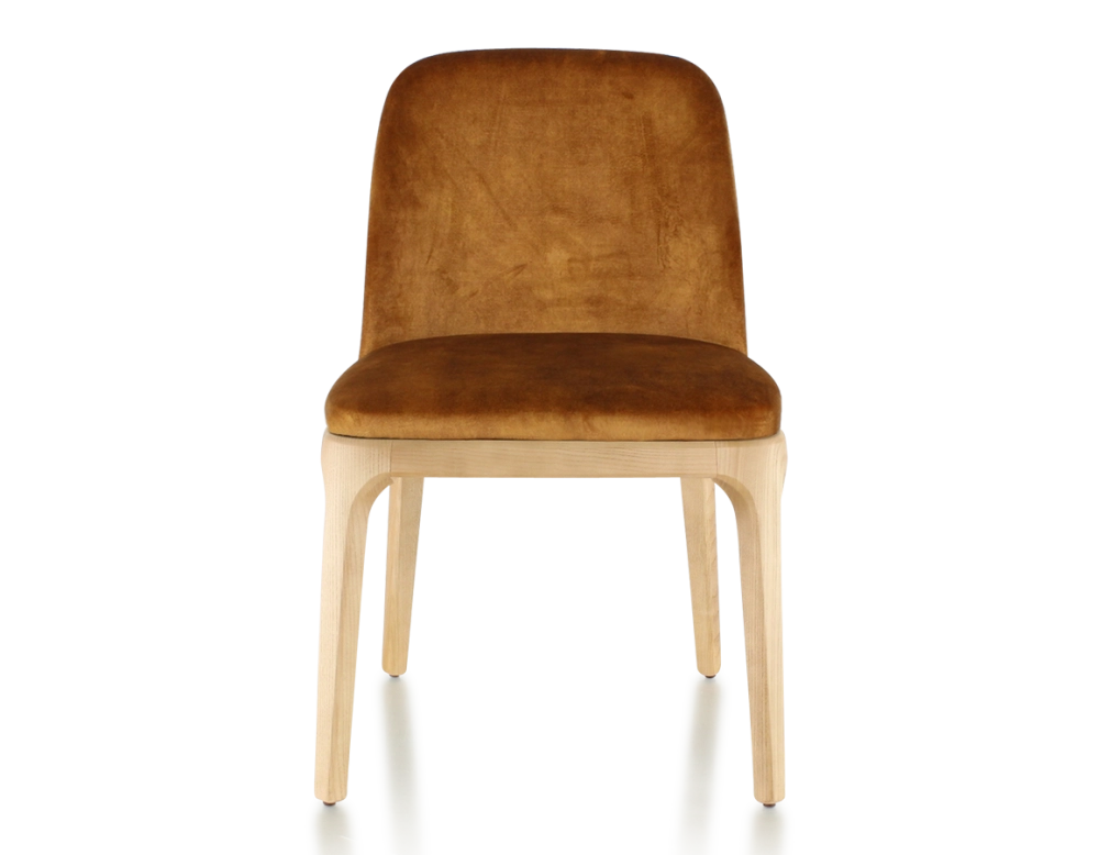 Chaise design bois teinte naturelle et tissu velours bronze