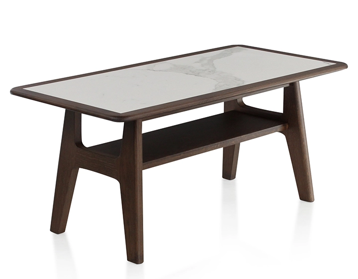 Rectangular coffee table in oak and ceramic with dark brown stained wood white marble effect ceramic top 100x50 cm