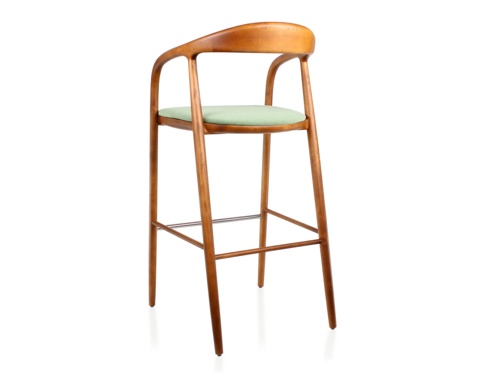 Tabouret de bar h80 cm teinte merisier assise tissu vert bois teinte merisier et tissu vert