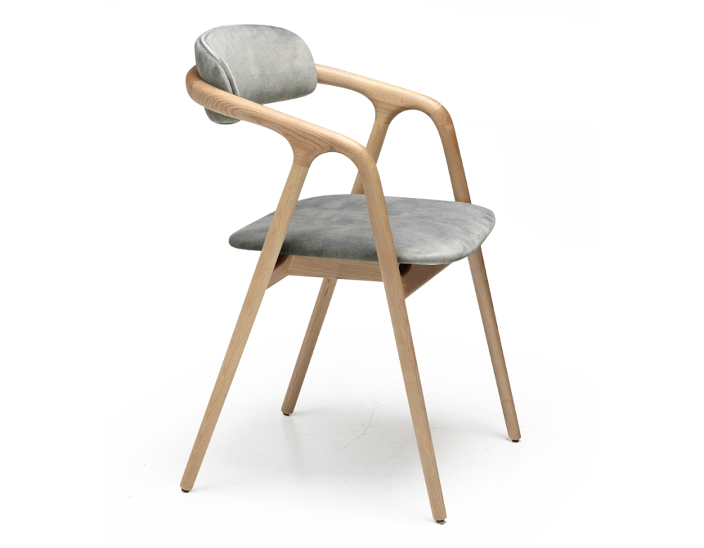 Chaise scandinave bois teinte naturelle assise tissu velours gris bleu