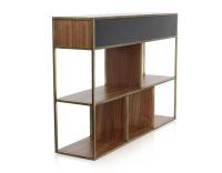 Console design natural tint walnut and brass patina metal