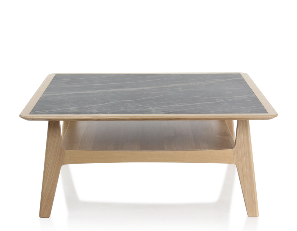 Table basse carrée en chêne et céramique avec bois teinte naturelle plateau céramique effet marbre noir 100x100 cm