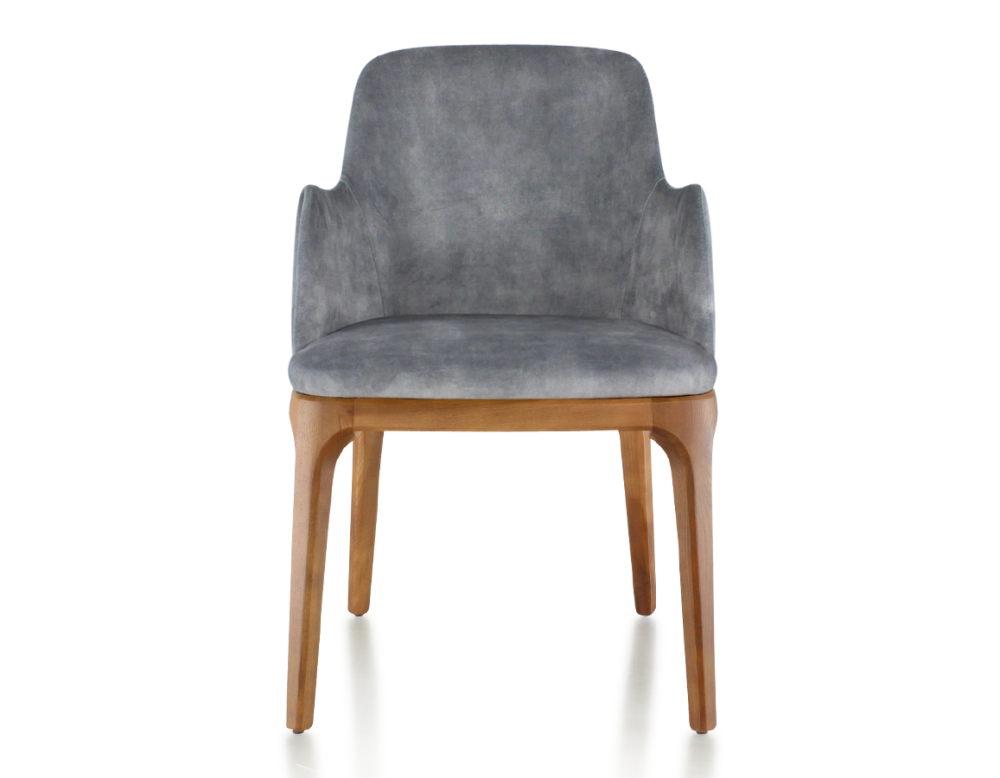 Chaise design avec accoudoirs bois teinte merisier et tissu velours gris