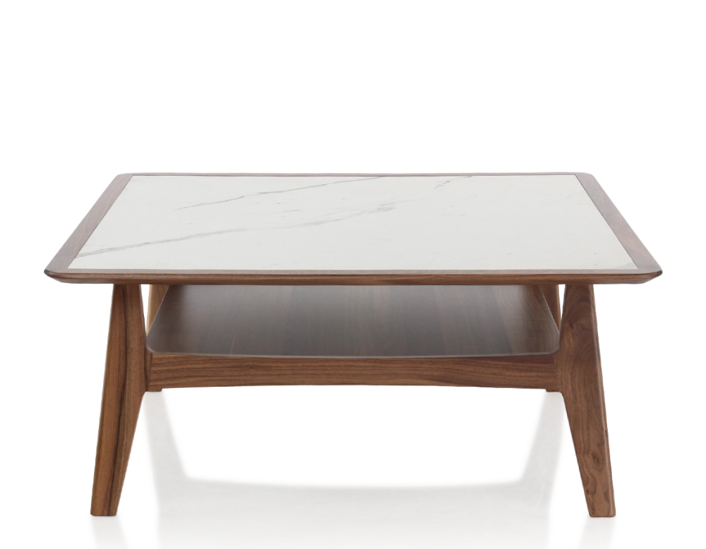 Mesa de centro cuadrada de nogal y cerámica madera tinte natural tablero cerámico efecto mármol blanco 100x100 cm