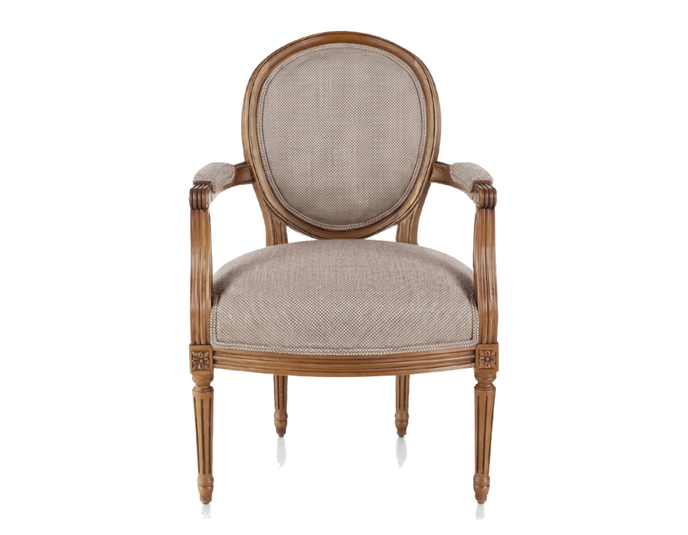 Fauteuil ancien style Louis XVI bois teinte ancienne et tissu chiné beige, gris et orange