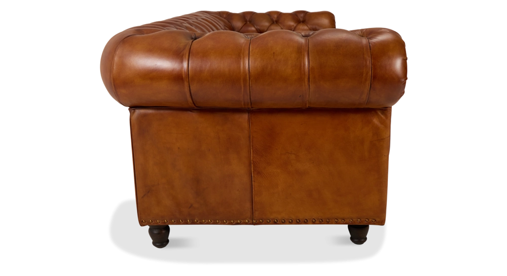 Canapé Chesterfield cuir 3 places marron clair accoudoirs cloutés