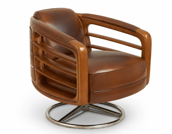 Fauteuil club pivotant bois et cuir marron vintage