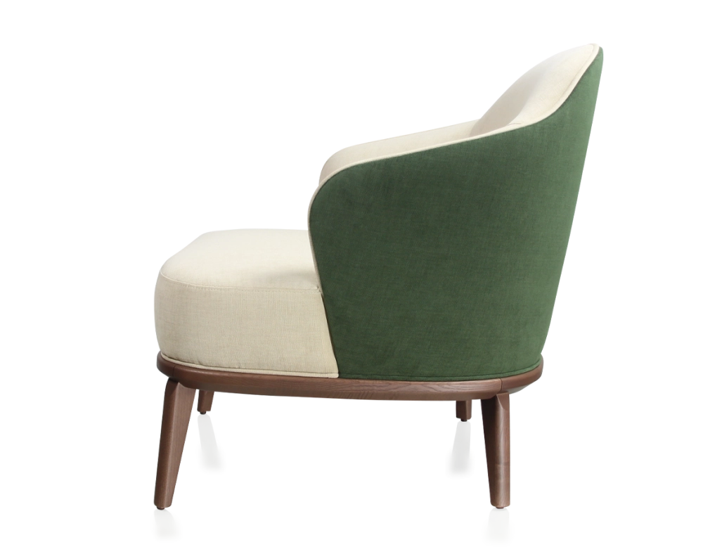 Fauteuil design tissu vert forêt et crème