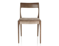 Scandinavian chair dark brown stained wood, light taupe velvet seat