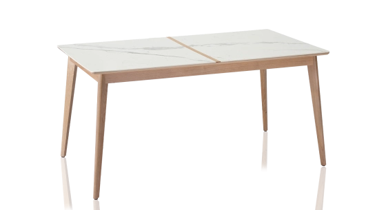 Table salle à manger en chêne et céramique 8 personnes avec bois teinte naturelle et plateau céramique effet marbre blanc 210x100 cm