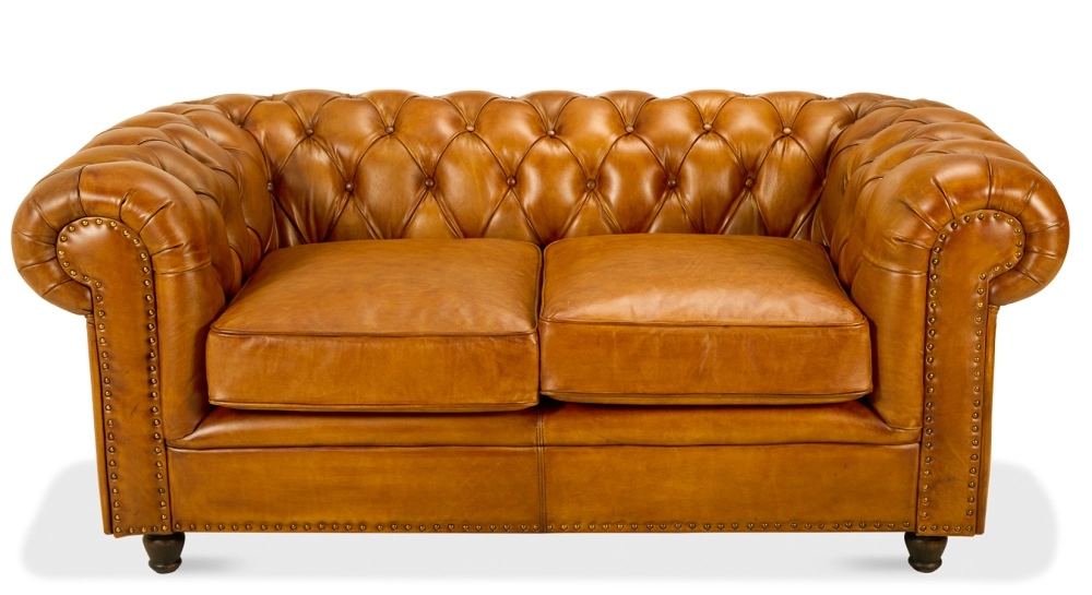 Canapé Chesterfield cuir 2 places cognac accoudoirs cloutés