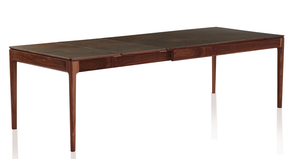 Table extensible 8 à 12 personnes en noyer et céramique allonges céramique avec bois teinte naturelle et plateau et allonges céramique brun oxydé 180x100 cm
