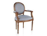 Antique Louis XVI style armchair with armrests aged wood stain and blue chevron fabric