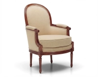 Fauteuil bergère mouluré style Louis XVI bois teinte ancienne et tissu crème