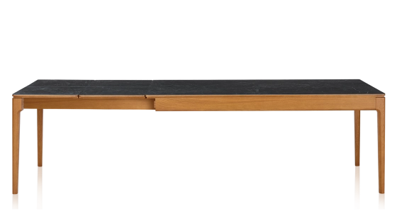 Table extensible 6 à 10 personnes en chêne et céramique allonges céramique avec bois teinte merisier et plateau et allonges céramique effet ardoise 160x100 cm