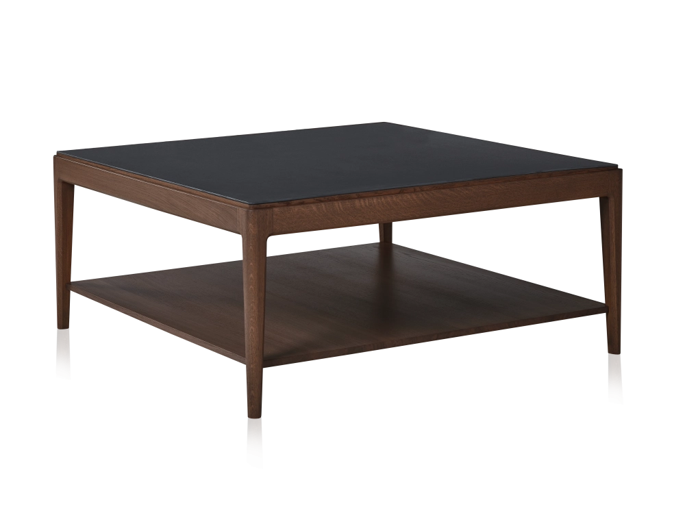 Table basse carrée en chêne et céramique avec tablette en bois teinte marron foncé plateau céramique brun oxydé 100x100 cm