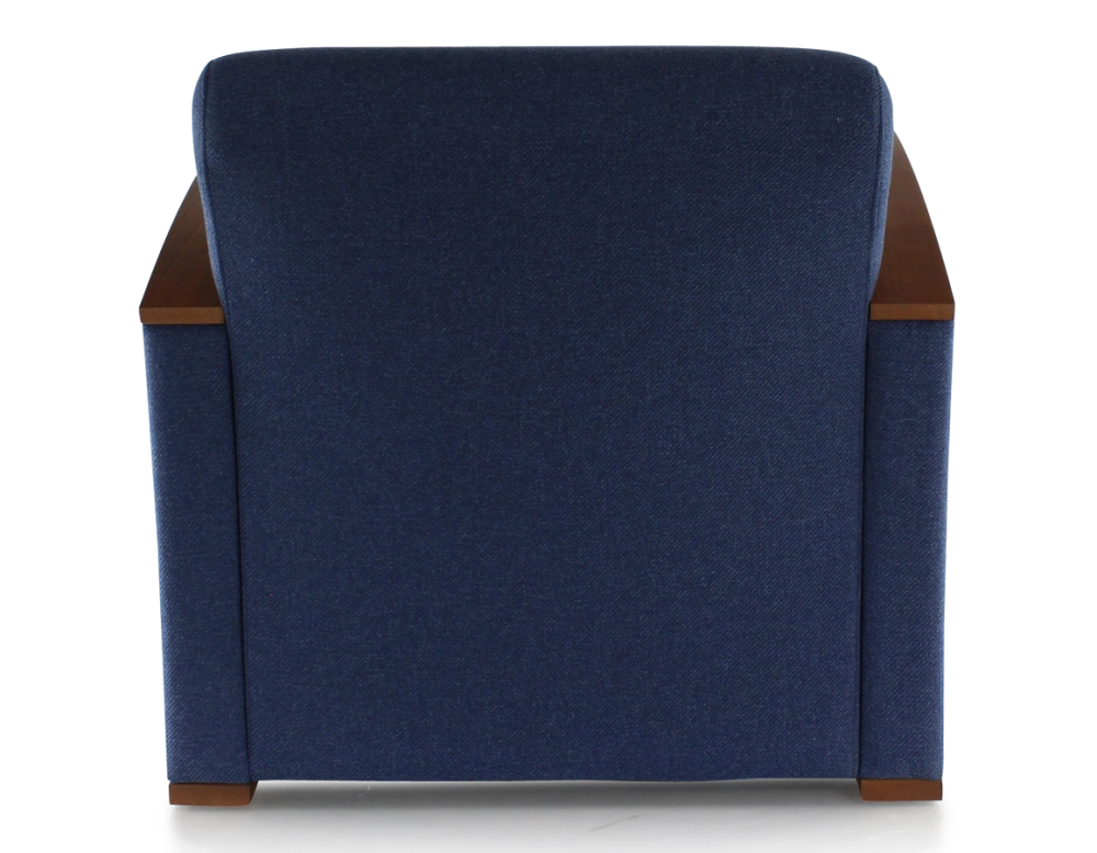 Fauteuil design bois teinte merisier et tissu bleu marine