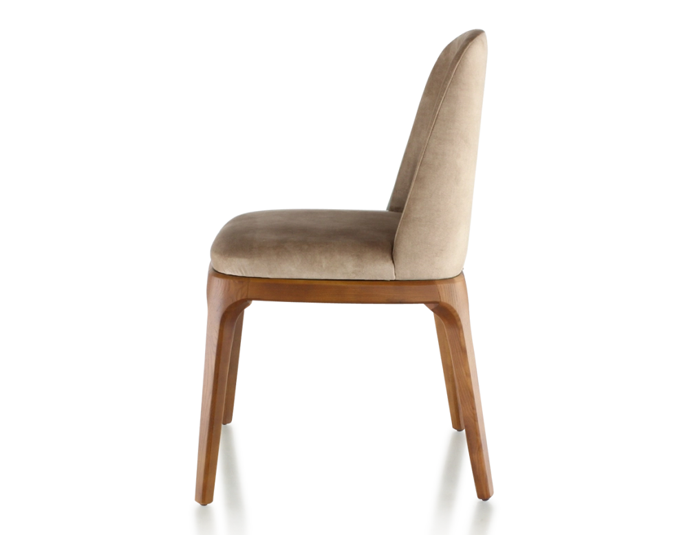Chaise design bois teinte merisier et tissu velours taupe clair