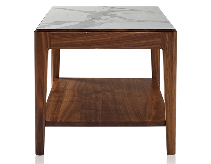 Table basse rectangulaire en noyer et céramique avec tablette en bois teinte naturelle plateau céramique effet marbre blanc 100x50 cm