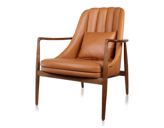 Fauteuil design bois teinte merisier et cuir caramel