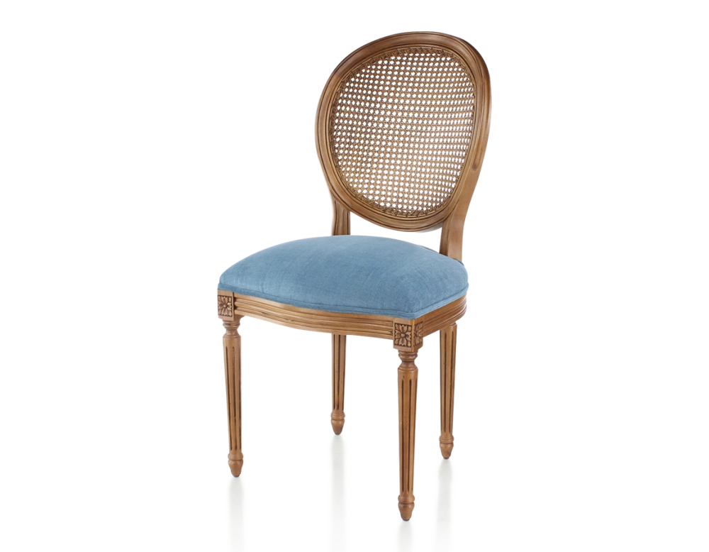 Chaise ancienne style Louis XVI bois teinte ancienne dossier canné assise tissu bleu jeans
