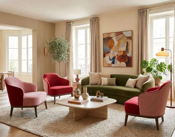 Fauteuil design tissu bordeaux et vieux rose