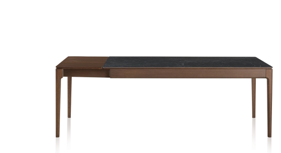 Table extensible 8 à 12 personnes en chêne et céramique allonges bois avec bois teinte marron foncé et plateau céramique effet ardoise 210x100 cm