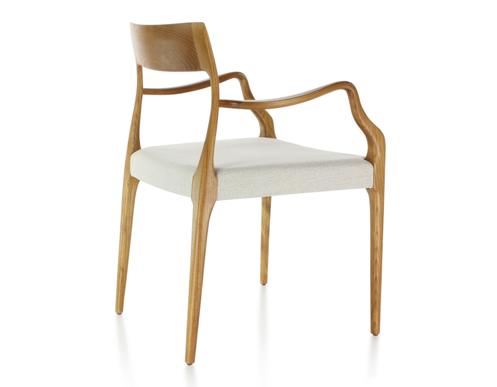 Chaise scandinave avec accoudoirs bois teinte merisier assise tissu beige naturel